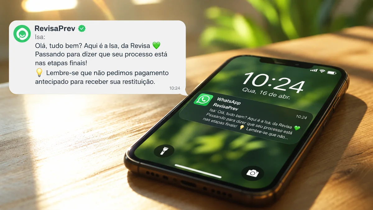 Celular recebendo mensagem da Isa avisando que o processo está nas etapas finais, com o lembrete de que a RevisaPrev não pede pagamento adiantado