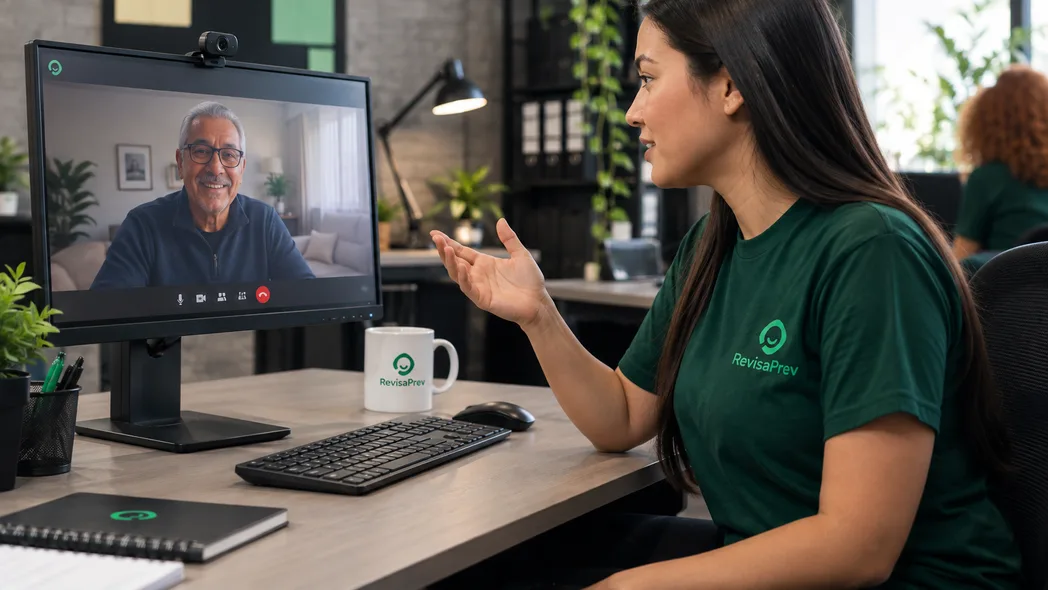 Atendente da RevisaPrev conversando por vídeo com um cliente aposentado