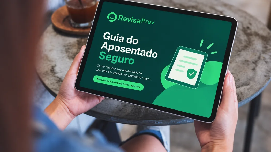 Pessoa lendo o Guia do Aposentado Seguro da RevisaPrev num tablet
